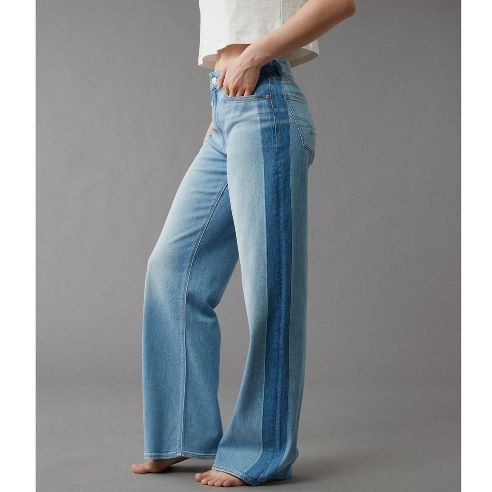 American Eagle Womens Side Stripe Super High-Rise Baggy Wide-Leg Jeans 16L EUC